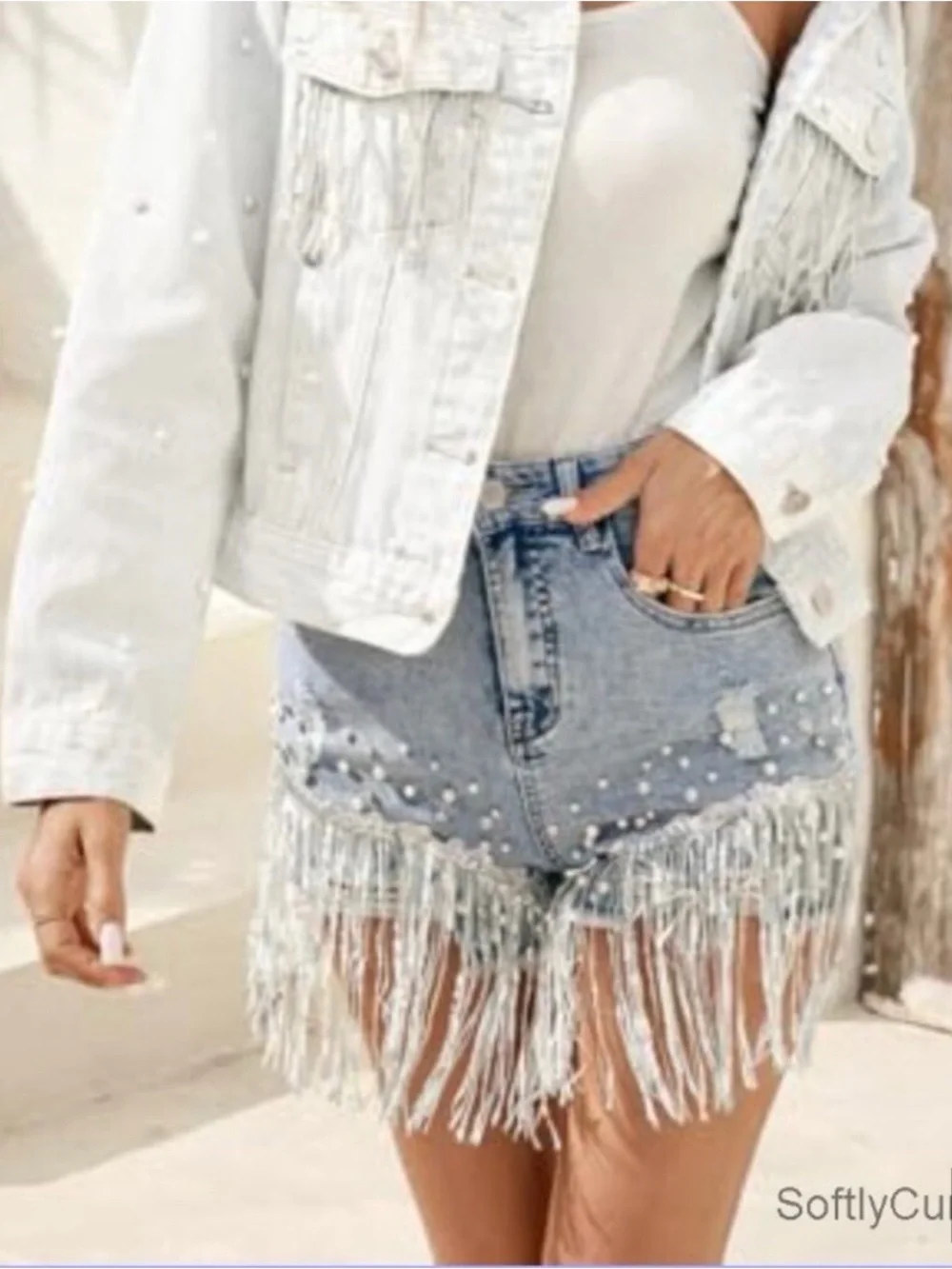 Embellished Fringed Denim Shorts with Pearl Trim